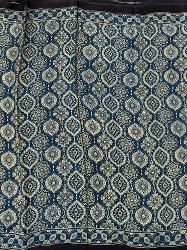 Ajrakh hand block printed modal silk saree | Dark Blue | Ships from California